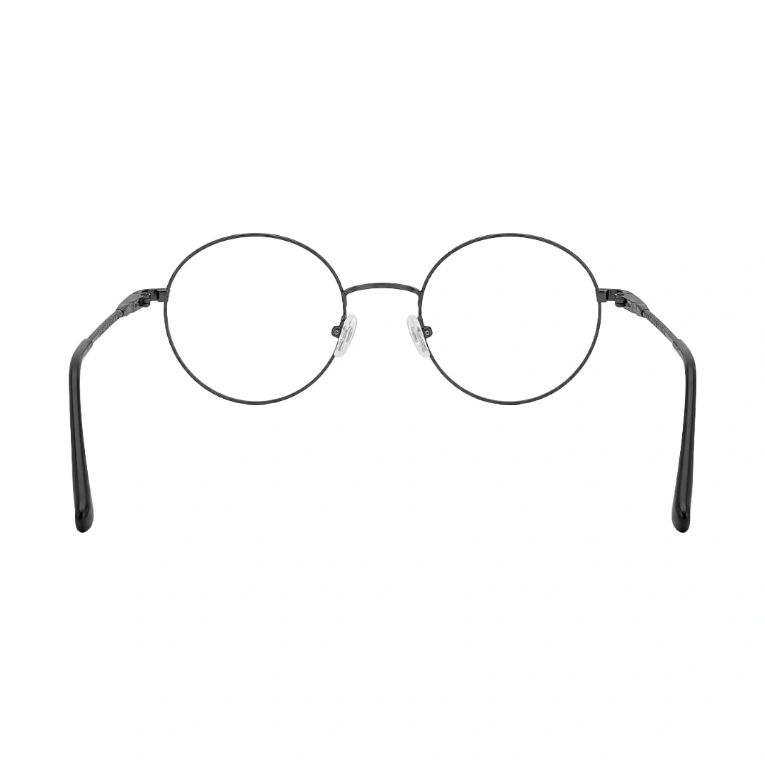 OS Solitude 15106 lightweight round prescription glasses in gunmetal and black, rear view