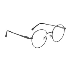 OS Solitude 15106 lightweight round prescription glasses in gunmetal and black, angled view