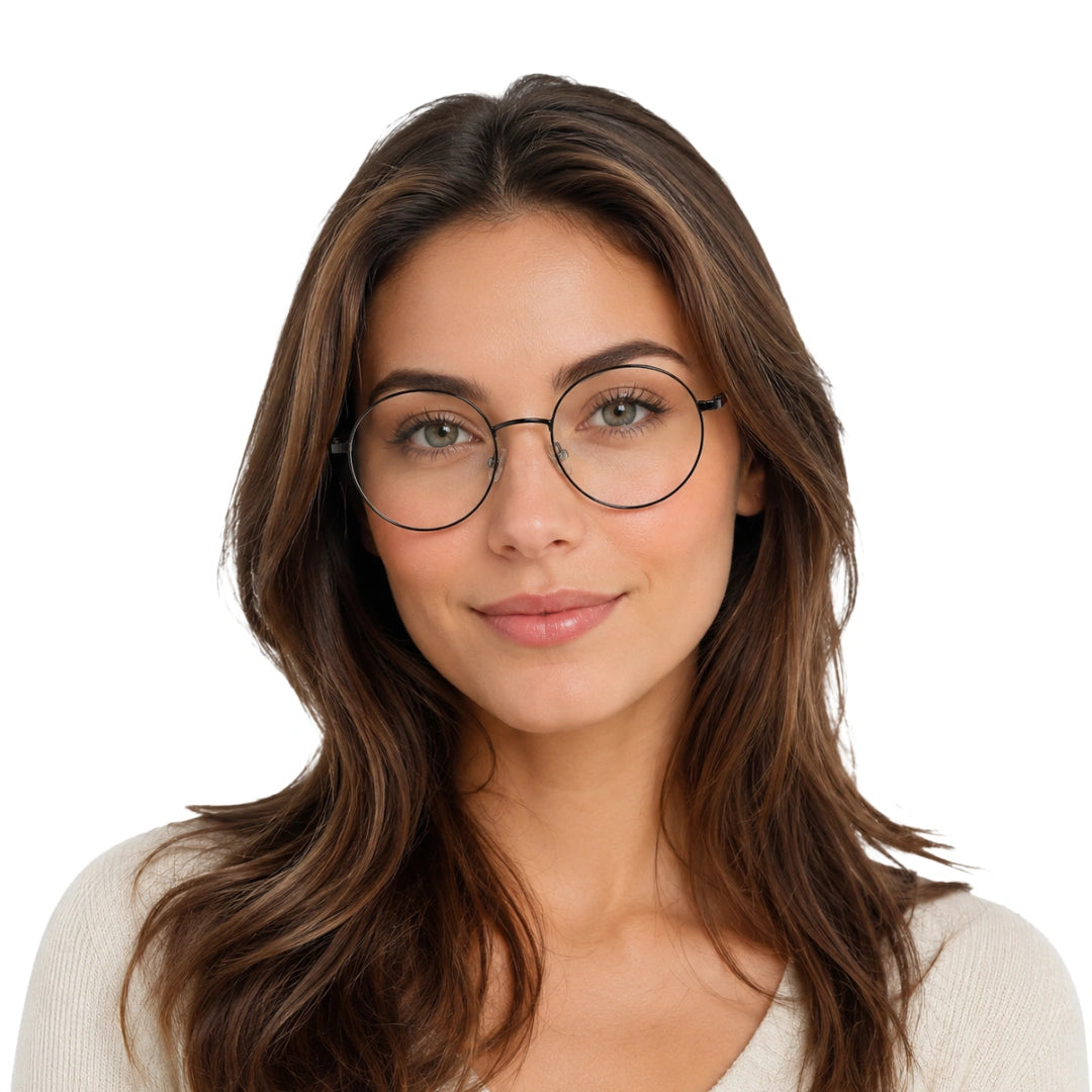 Woman wearing OS Solitude 15106 lightweight round prescription glasses in gunmetal and black