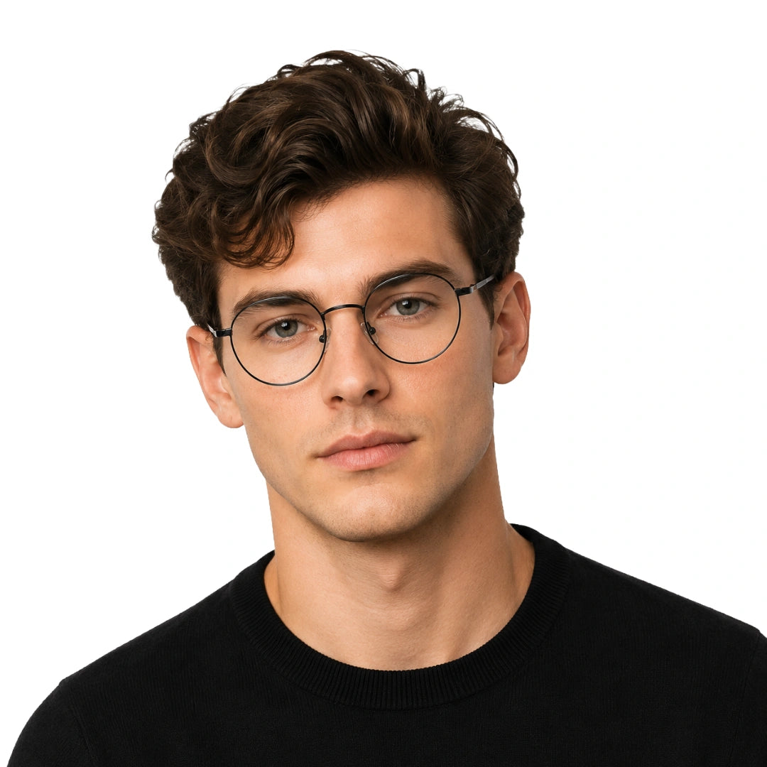 Man wearing OS Solitude 15106 lightweight round prescription glasses in gunmetal and black