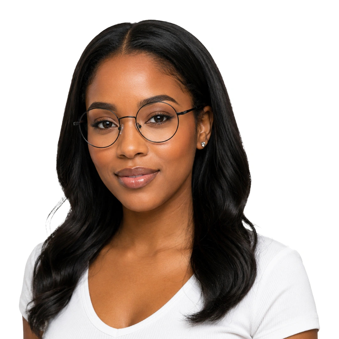 Woman wearing OS Solitude 15106 lightweight round prescription glasses in gunmetal and black, front view