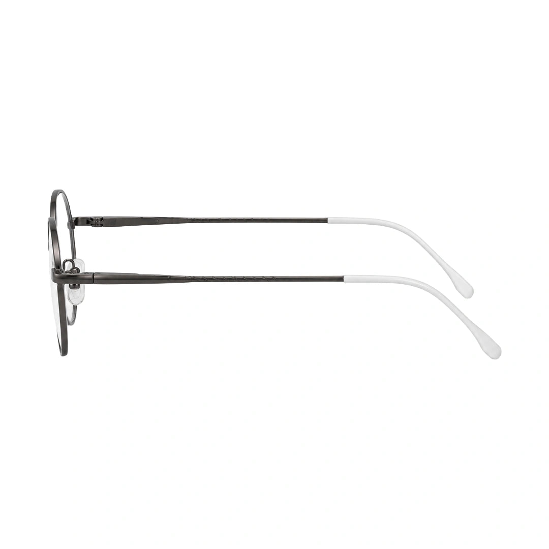 OS Solitude 15106 lightweight round prescription glasses in gunmetal and white, side profile view