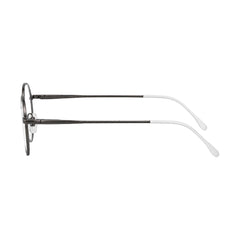 OS Solitude 15106 lightweight round prescription glasses in gunmetal and white, side profile view