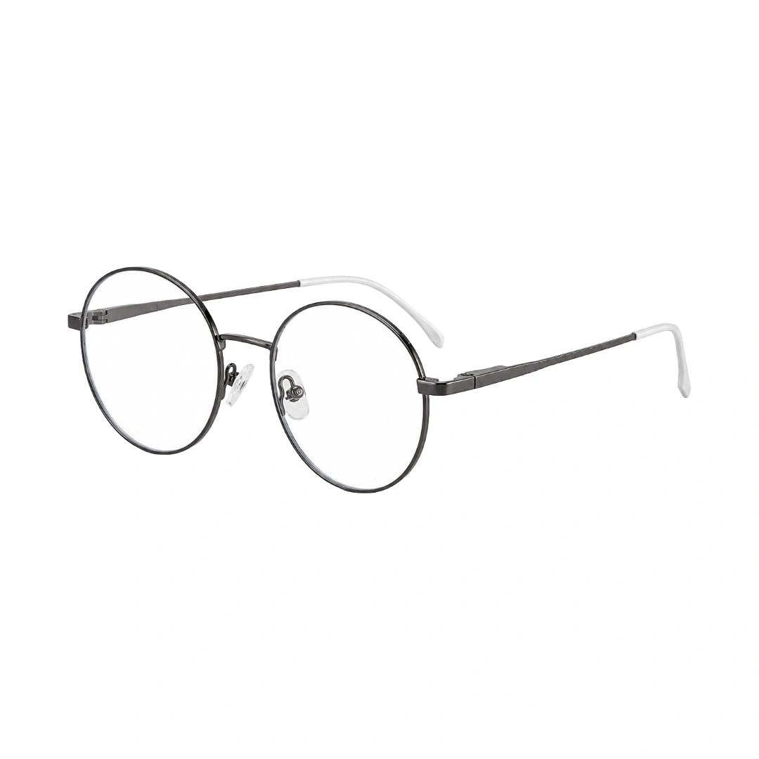 OS Solitude 15106 lightweight round prescription glasses in gunmetal and white, three-quarter angled view