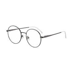 OS Solitude 15106 lightweight round prescription glasses in gunmetal and white, three-quarter angled view