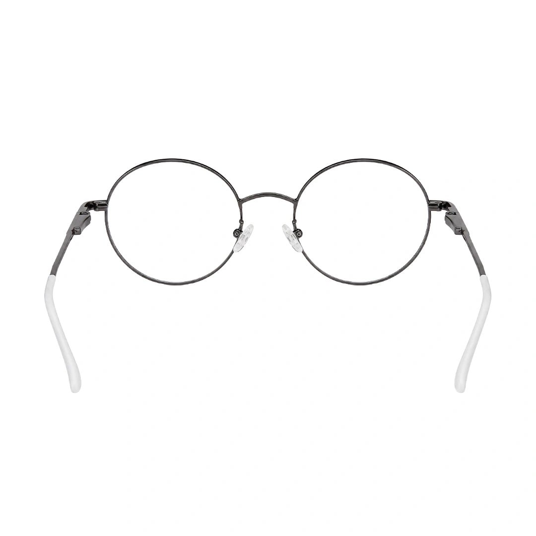 OS Solitude 15106 lightweight round prescription glasses in gunmetal and white, rear view