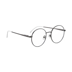 OS Solitude 15106 lightweight round prescription glasses in gunmetal and white, angled view