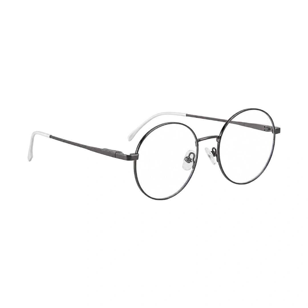 OS Solitude 15106 lightweight round prescription glasses in gunmetal and white, angled view