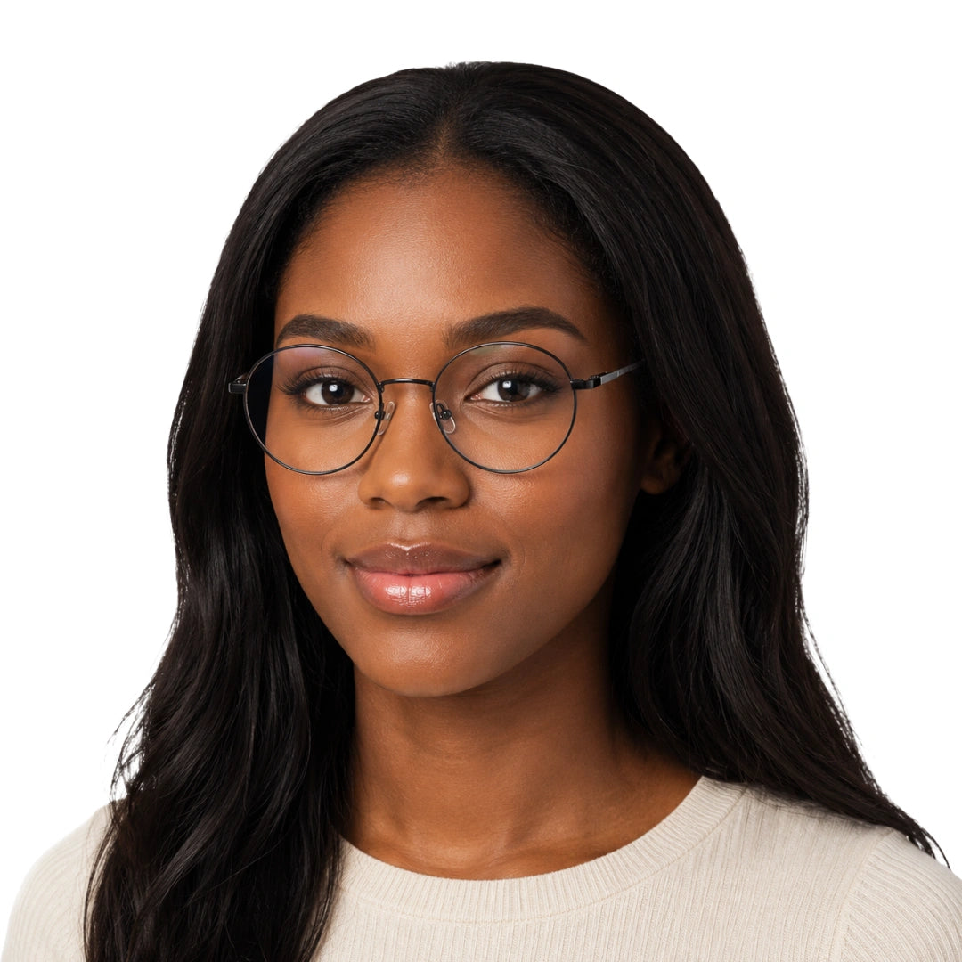 Woman wearing OS Solitude 15106 lightweight round prescription glasses in gunmetal and white