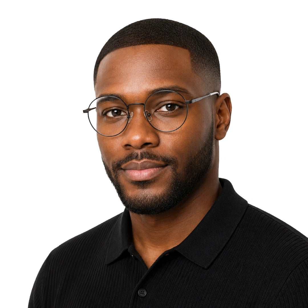 Man wearing OS Solitude 15106 lightweight round prescription glasses in gunmetal and white