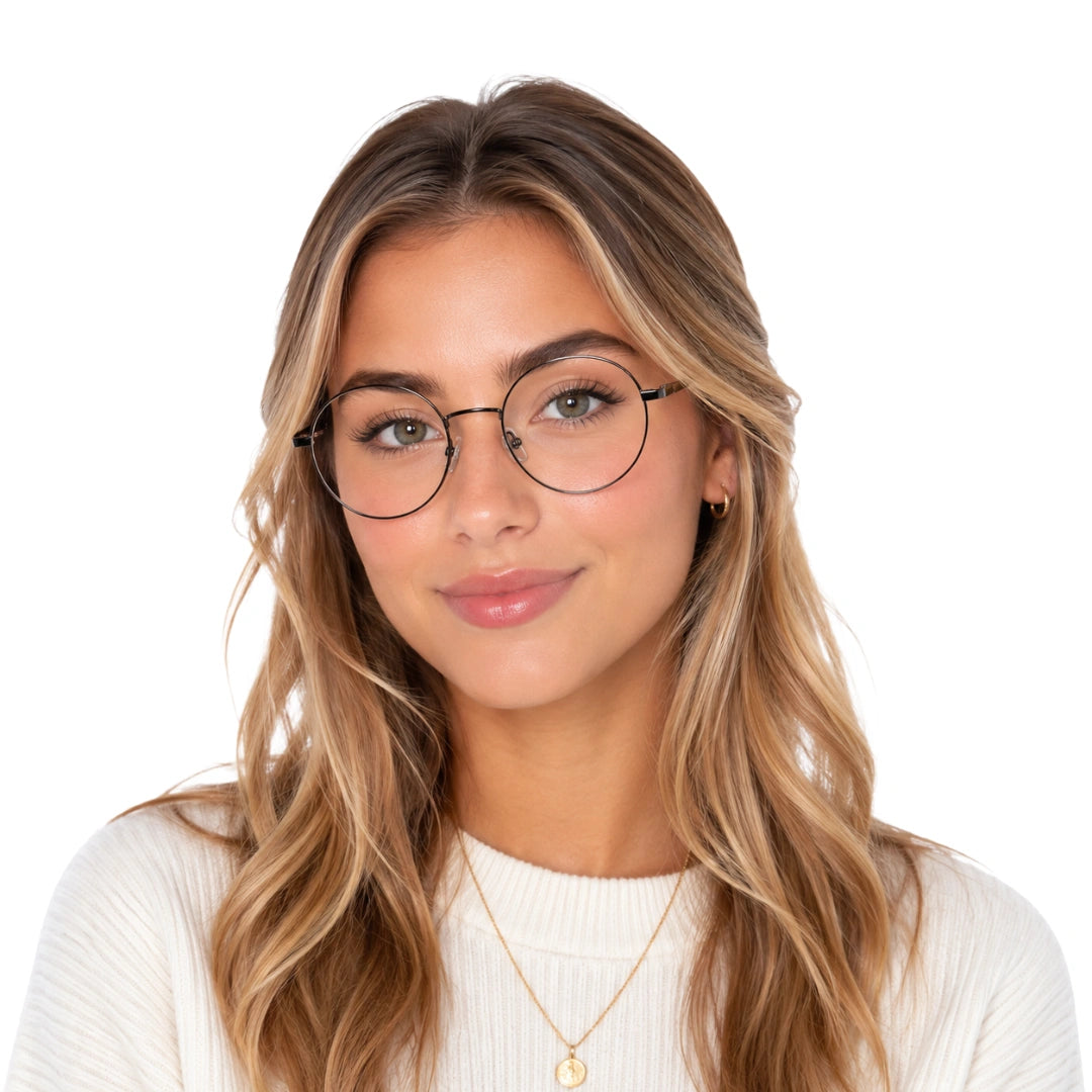 Woman wearing OS Solitude 15106 lightweight round prescription glasses in gunmetal and white, front view