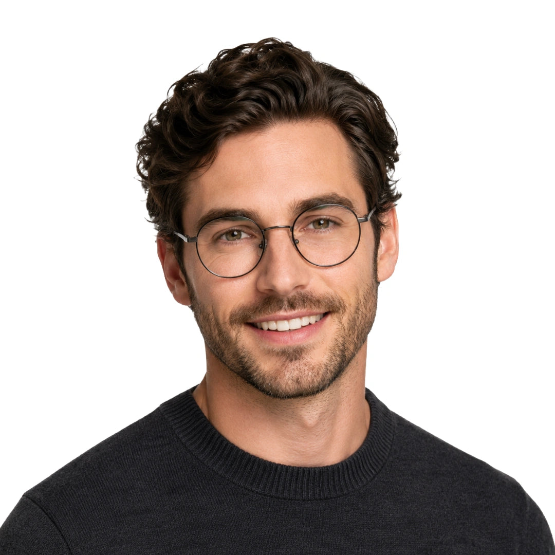 Man wearing OS Solitude 15106 lightweight round prescription glasses in gunmetal and white, front view