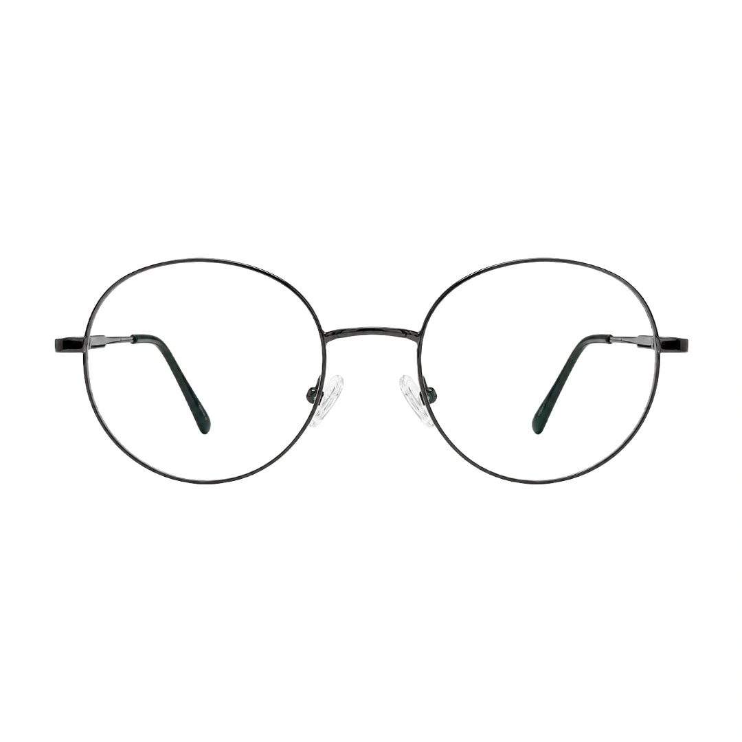 OS Solitude 15107 classic round metal prescription eyeglasses in gunmetal and black, front view