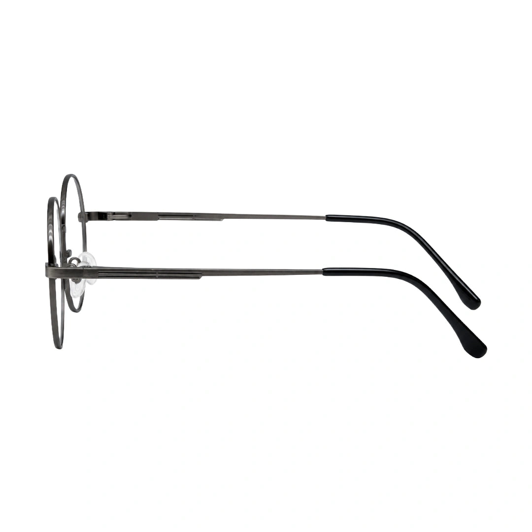 OS Solitude 15107 classic round metal prescription eyeglasses in gunmetal and black, side profile view