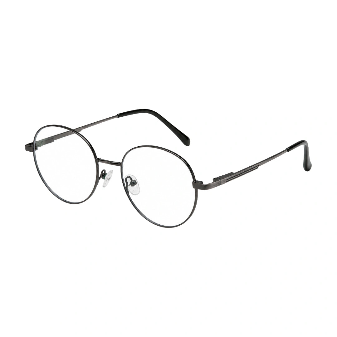 OS Solitude 15107 classic round metal prescription eyeglasses in gunmetal and black, three-quarter angled view