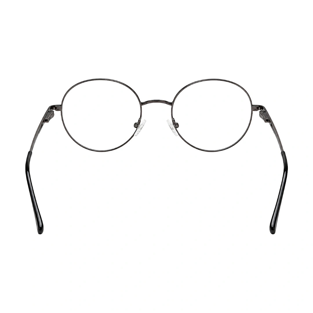 OS Solitude 15107 classic round metal prescription eyeglasses in gunmetal and black, rear view