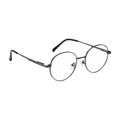 OS Solitude 15107 classic round metal prescription eyeglasses in gunmetal and black, angled view