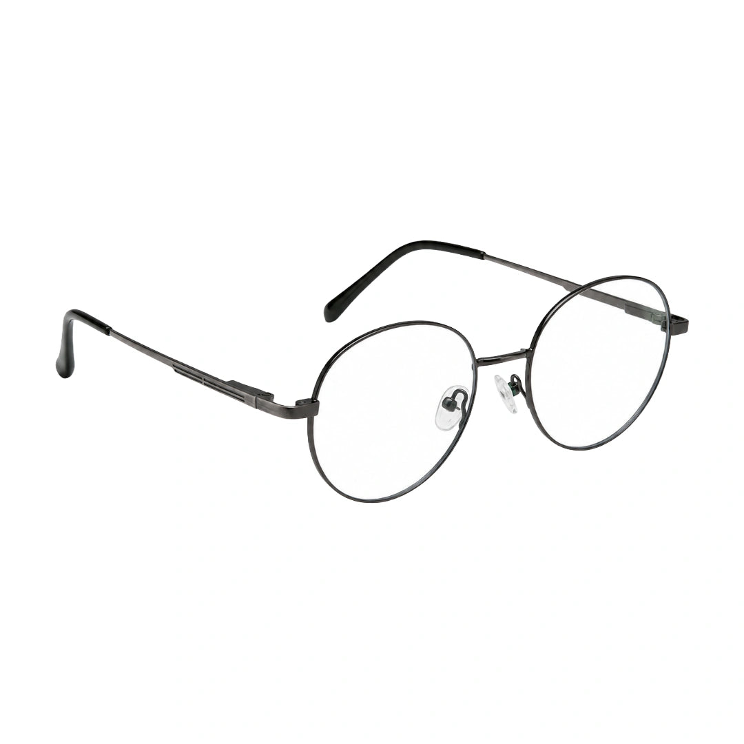 OS Solitude 15107 classic round metal prescription eyeglasses in gunmetal and black, angled view