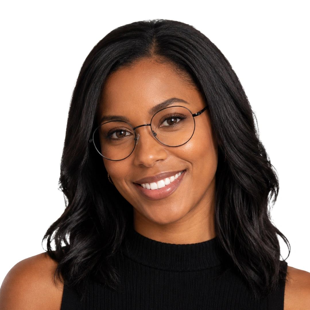 Woman wearing OS Solitude 15107 classic round metal prescription eyeglasses in gunmetal and black