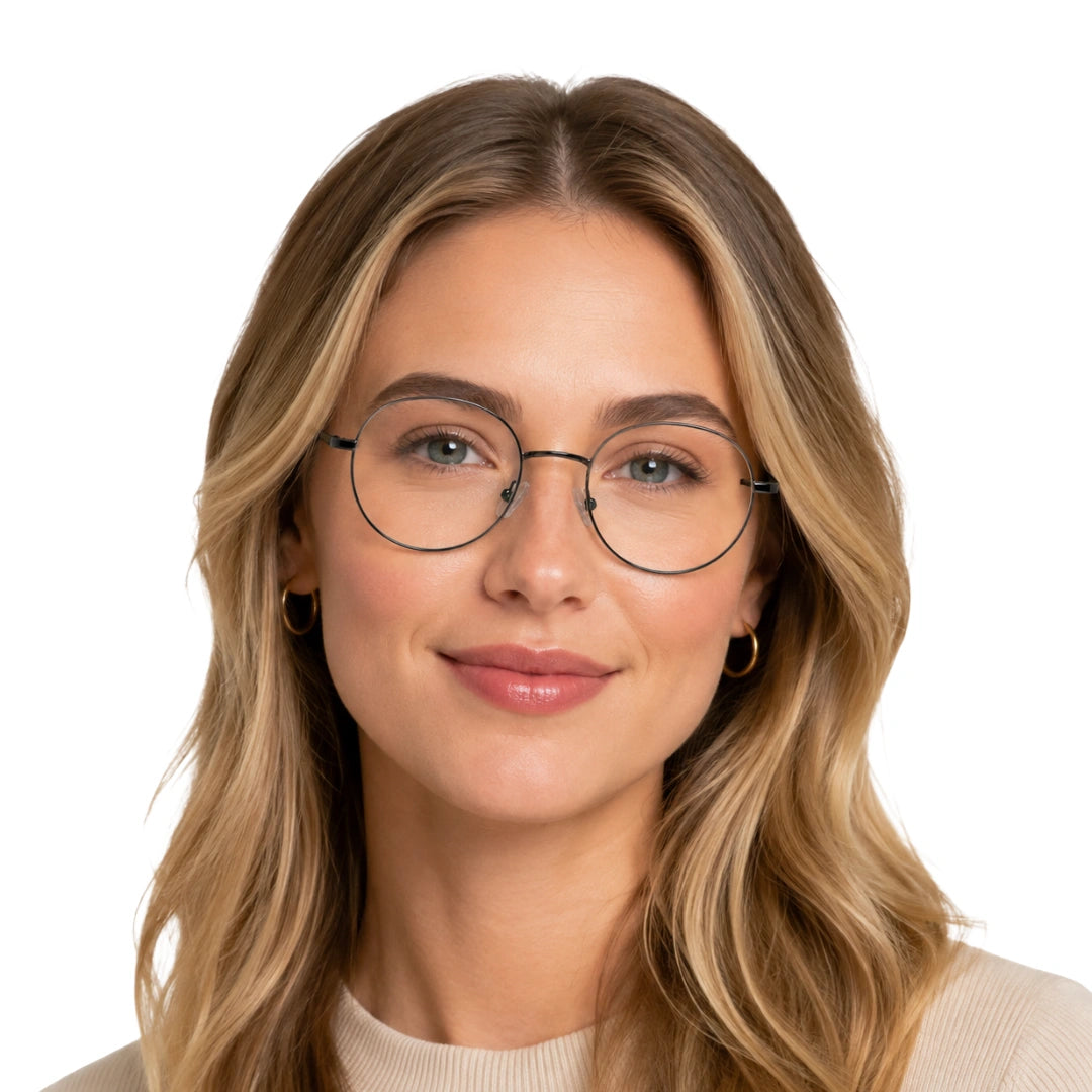 Woman wearing OS Solitude 15107 classic round metal prescription eyeglasses in gunmetal and black, front view