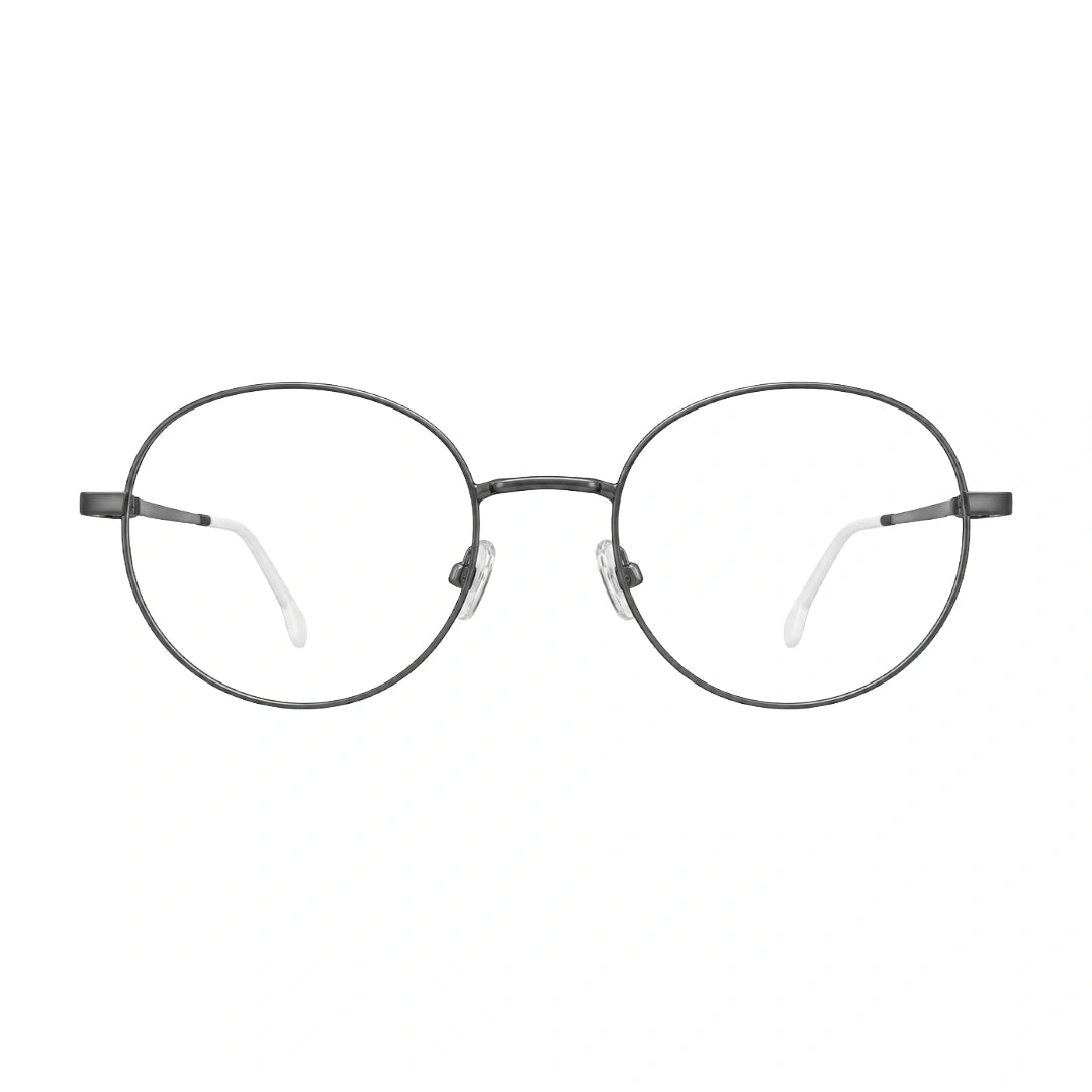 OS Solitude 15107 classic round metal prescription eyeglasses in gunmetal and white, front view