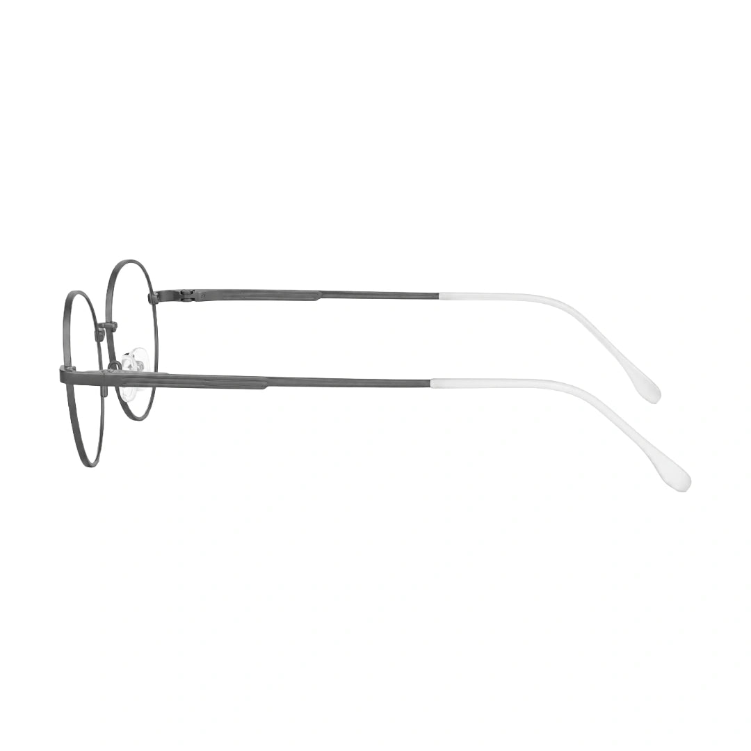 OS Solitude 15107 classic round metal prescription eyeglasses in gunmetal and white, side profile view