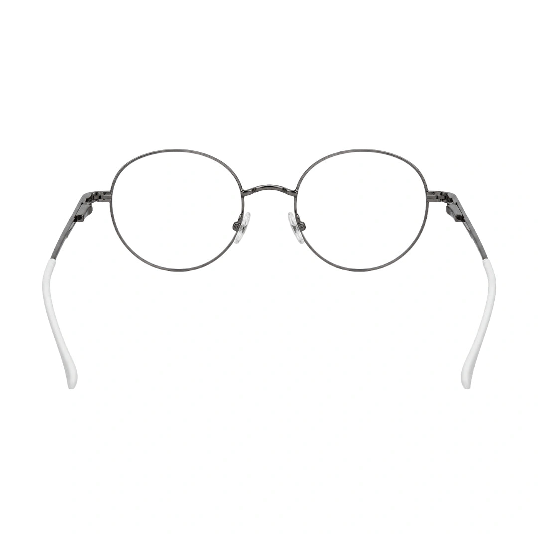 OS Solitude 15107 classic round metal prescription eyeglasses in gunmetal and white, rear view