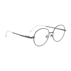 OS Solitude 15107 classic round metal prescription eyeglasses in gunmetal and white, angled view