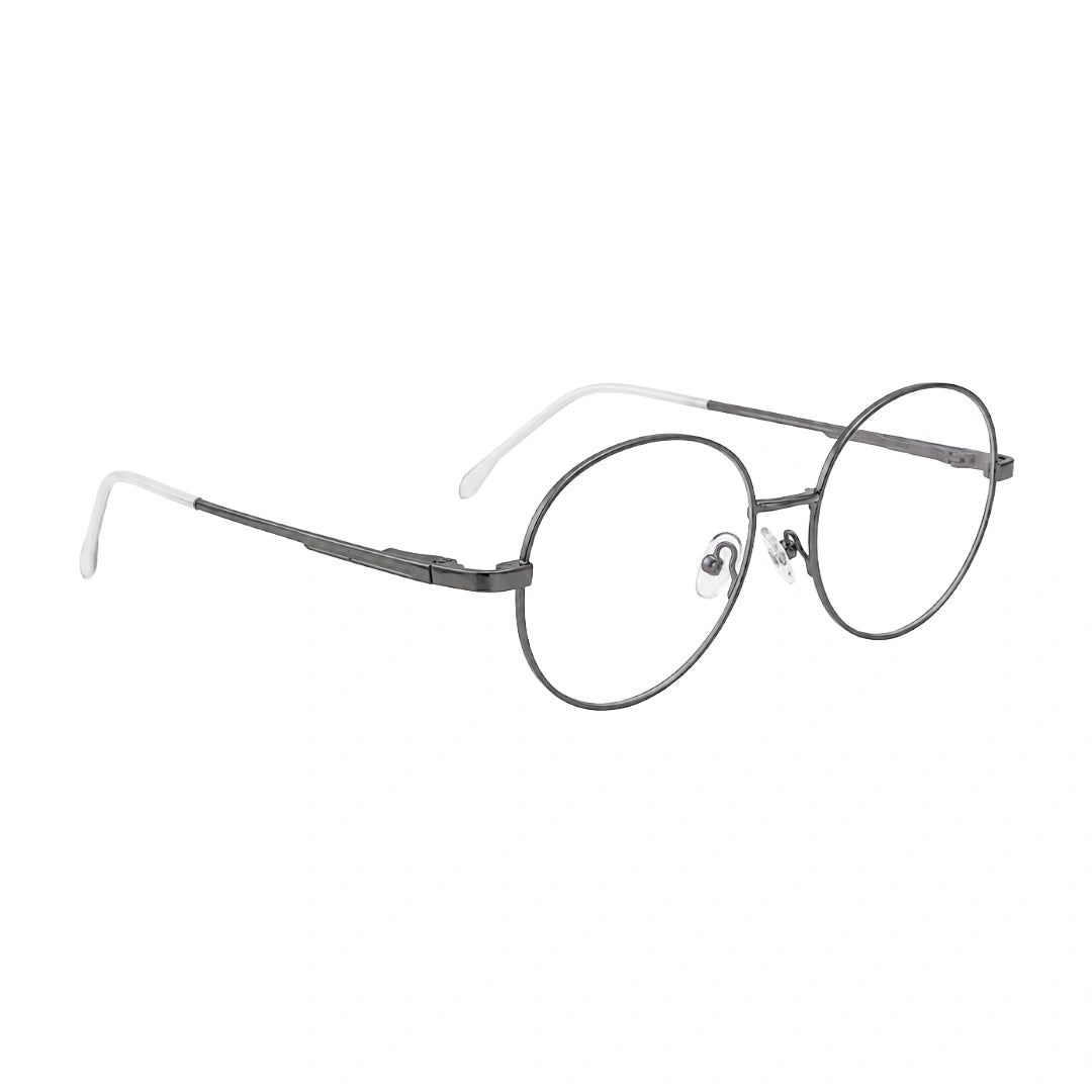 OS Solitude 15107 classic round metal prescription eyeglasses in gunmetal and white, angled view