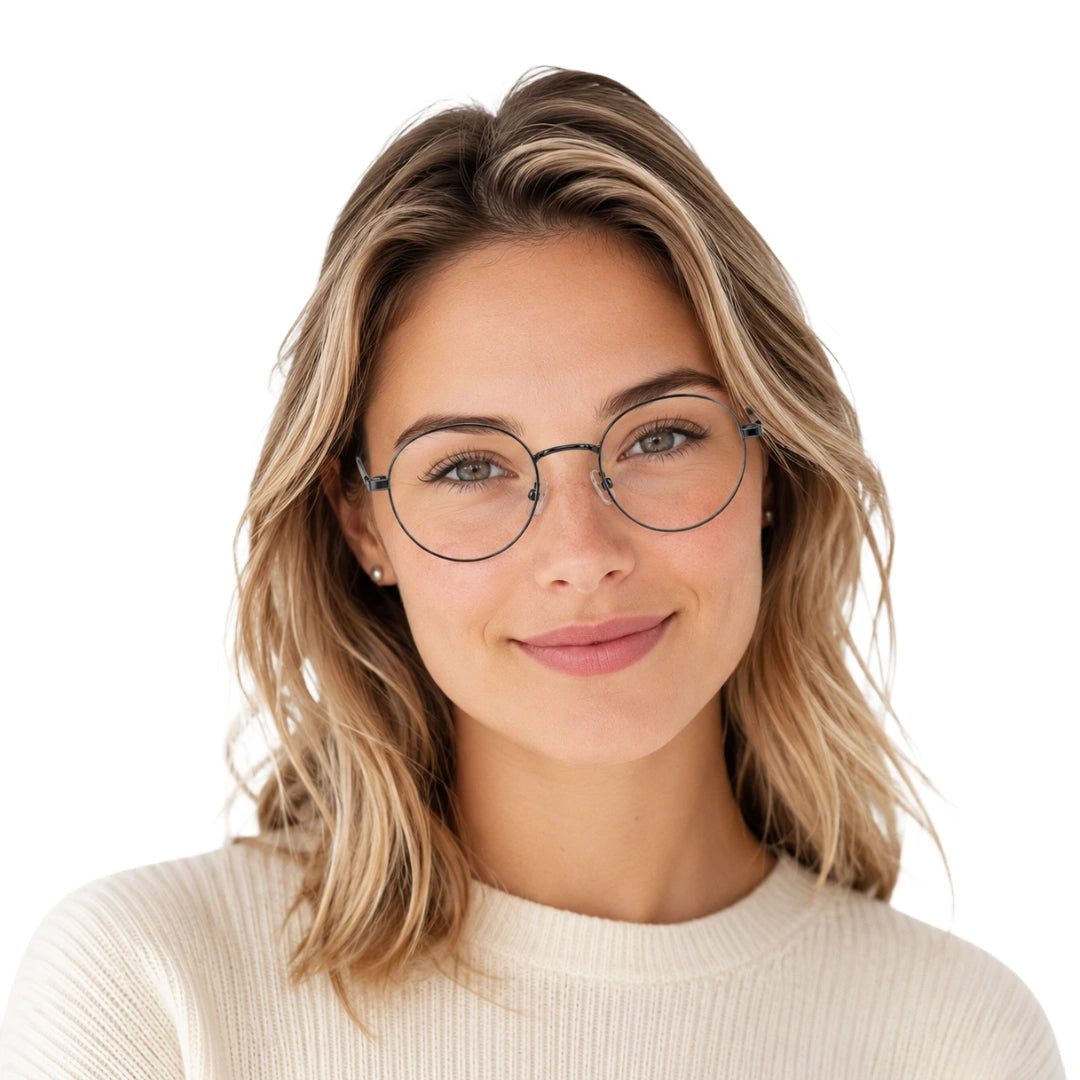 Woman wearing OS Solitude 15107 classic round metal prescription eyeglasses in gunmetal and white