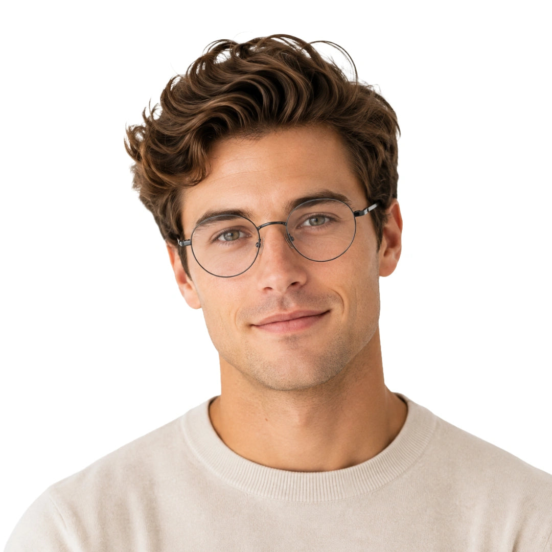 Man wearing OS Solitude 15107 classic round metal prescription eyeglasses in gunmetal and white