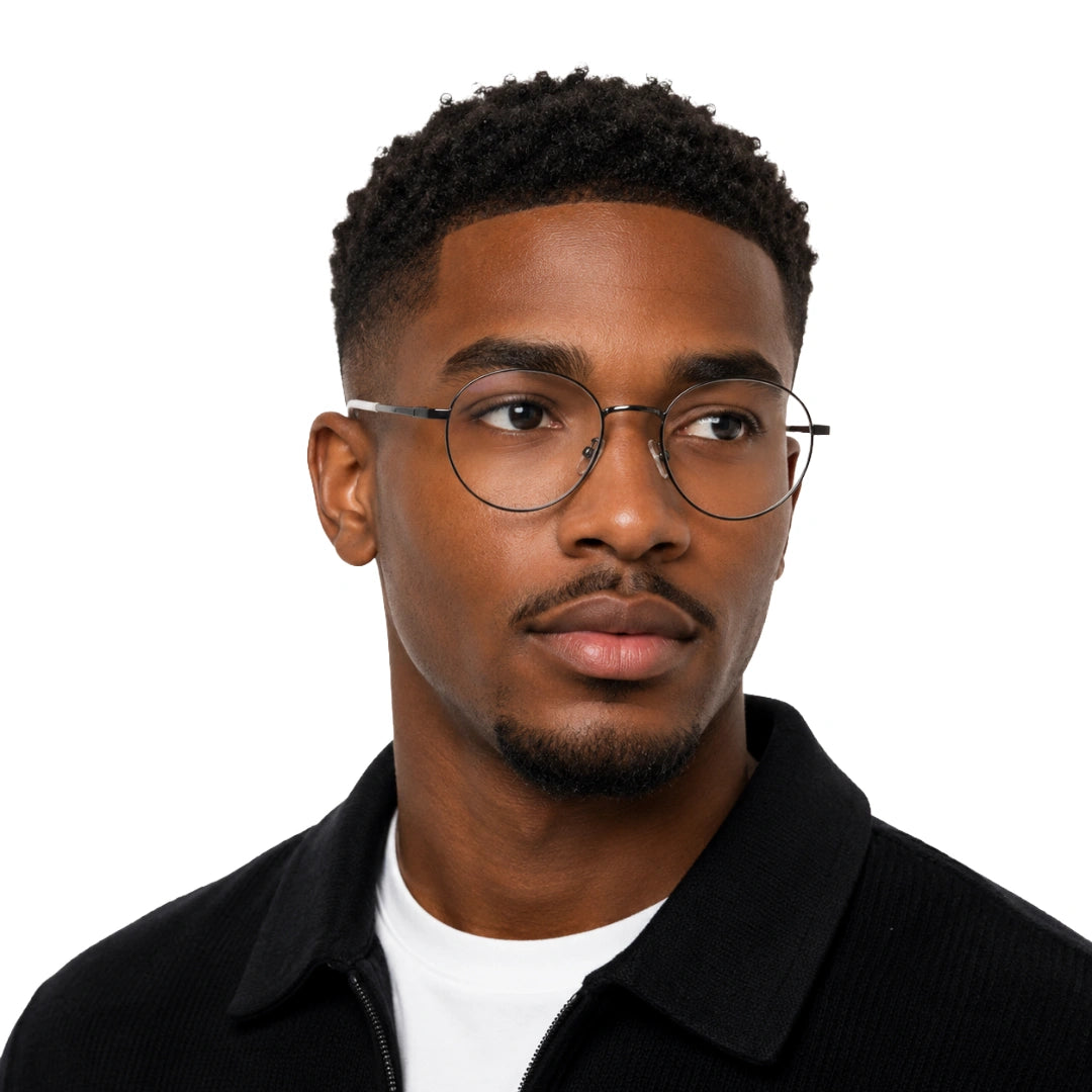 Man wearing OS Solitude 15107 classic round metal prescription eyeglasses in gunmetal and white, front view
