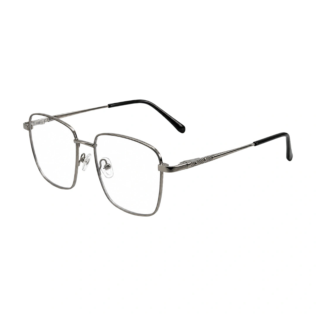 OS Solitude 15112 classic square metal prescription eyeglasses in black and silver, three-quarter angled view