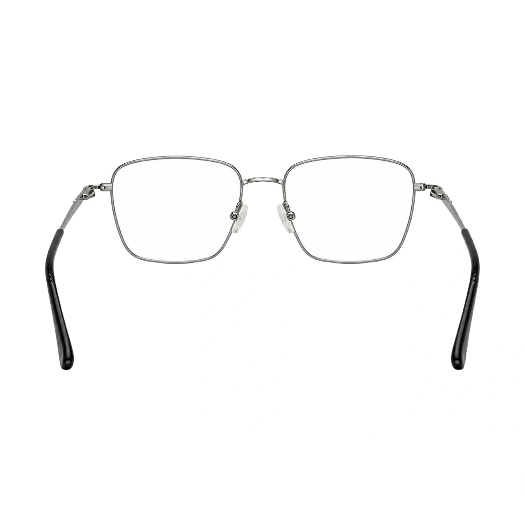 OS Solitude 15112 classic square metal prescription eyeglasses in black and silver, rear view