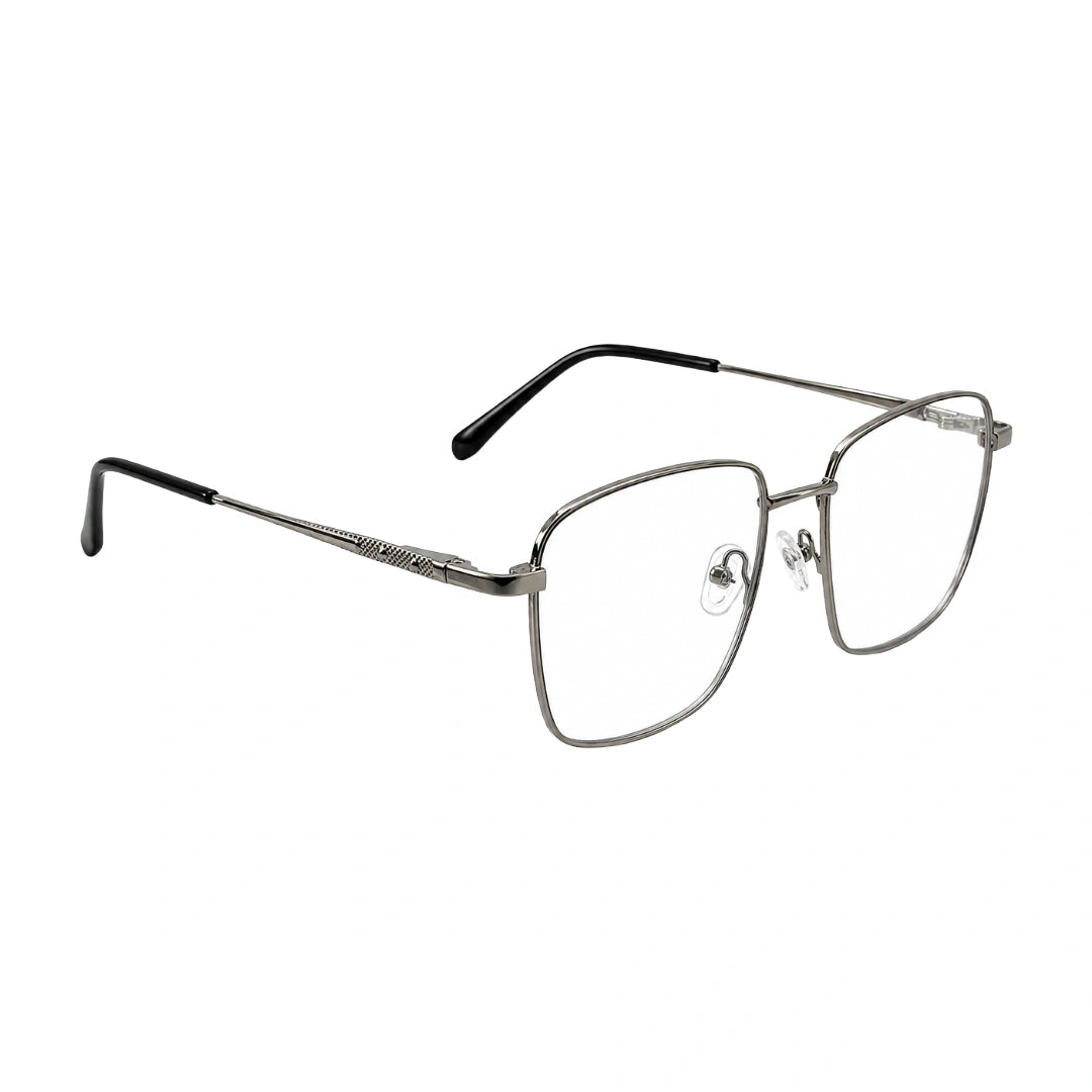 OS Solitude 15112 classic square metal prescription eyeglasses in black and silver, angled view