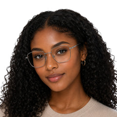 Woman wearing OS Solitude 15112 classic square metal prescription eyeglasses in black and silver