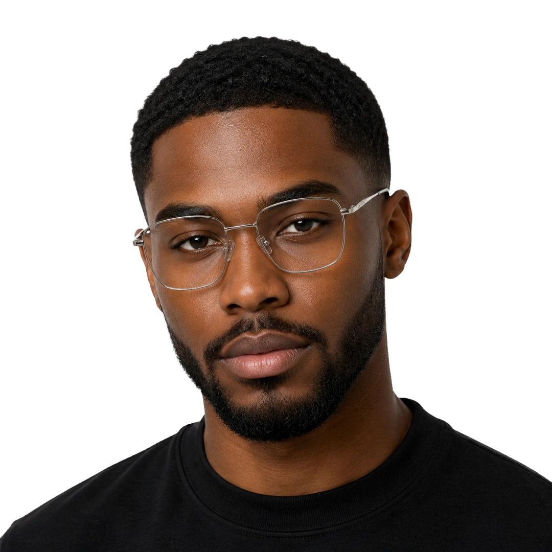 Man wearing OS Solitude 15112 classic square metal prescription eyeglasses in black and silver