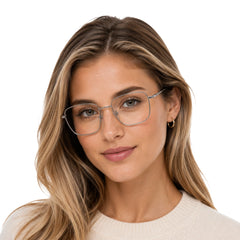 Woman wearing OS Solitude 15112 classic square metal prescription eyeglasses in black and silver, front view