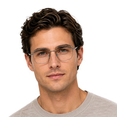 Man wearing OS Solitude 15112 classic square metal prescription eyeglasses in black and silver, front view