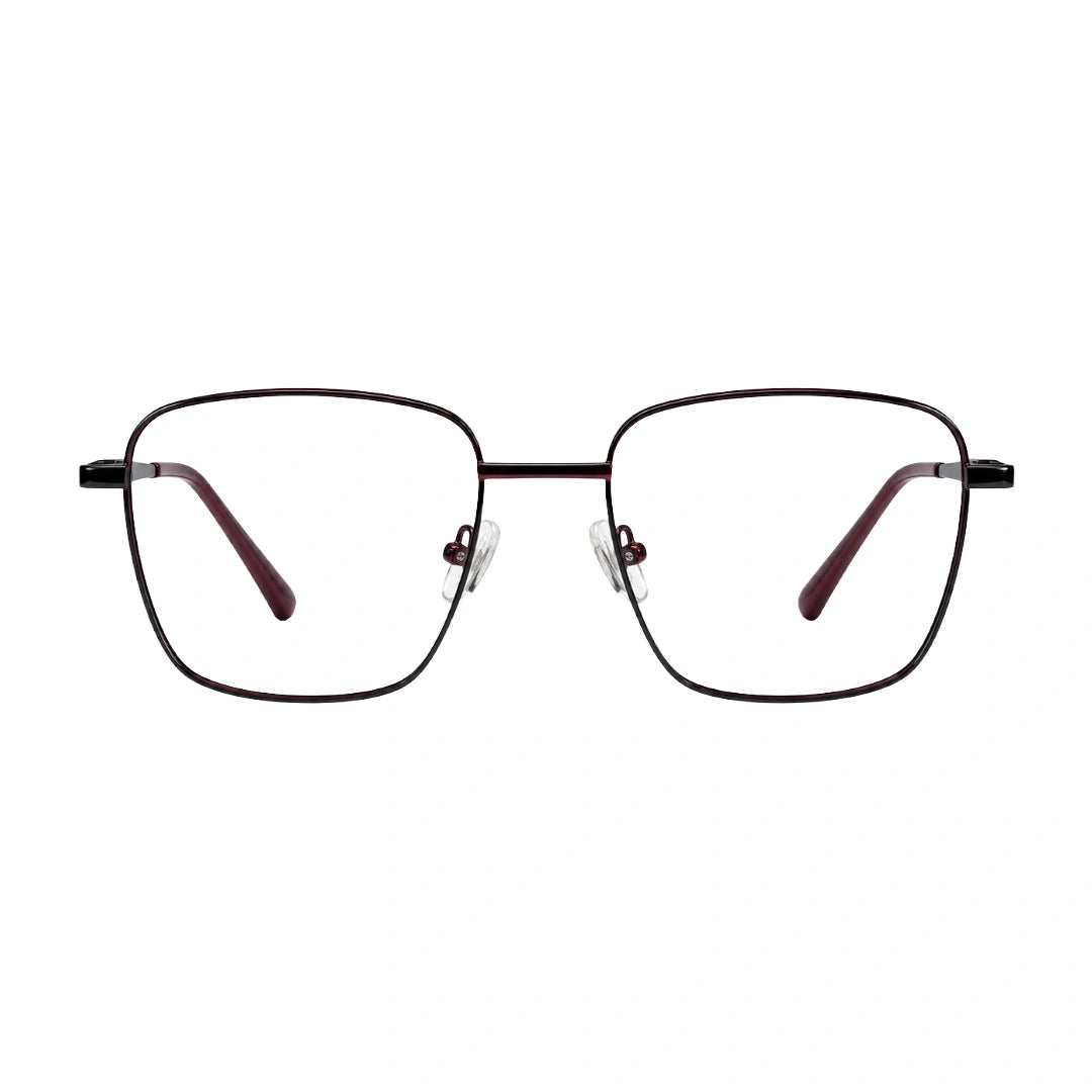 OS Solitude 15112 classic square metal prescription eyeglasses in black and wine, front view