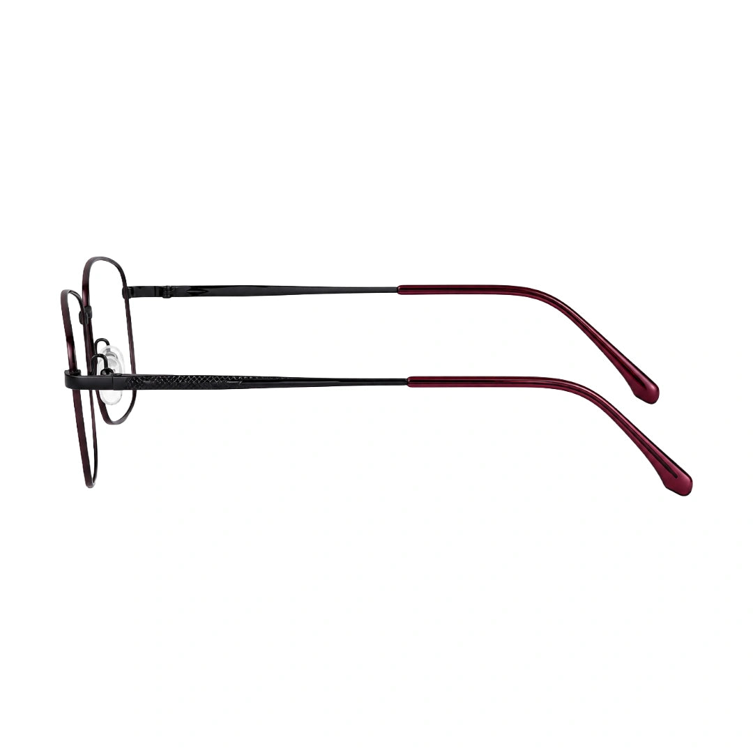 OS Solitude 15112 classic square metal prescription eyeglasses in black and wine, side profile view