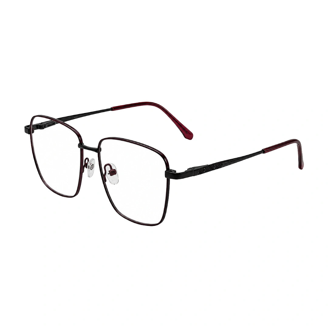 OS Solitude 15112 classic square metal prescription eyeglasses in black and wine, three-quarter angled view