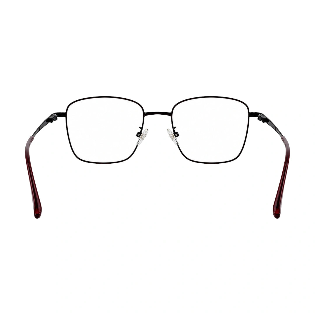 OS Solitude 15112 classic square metal prescription eyeglasses in black and wine, rear view
