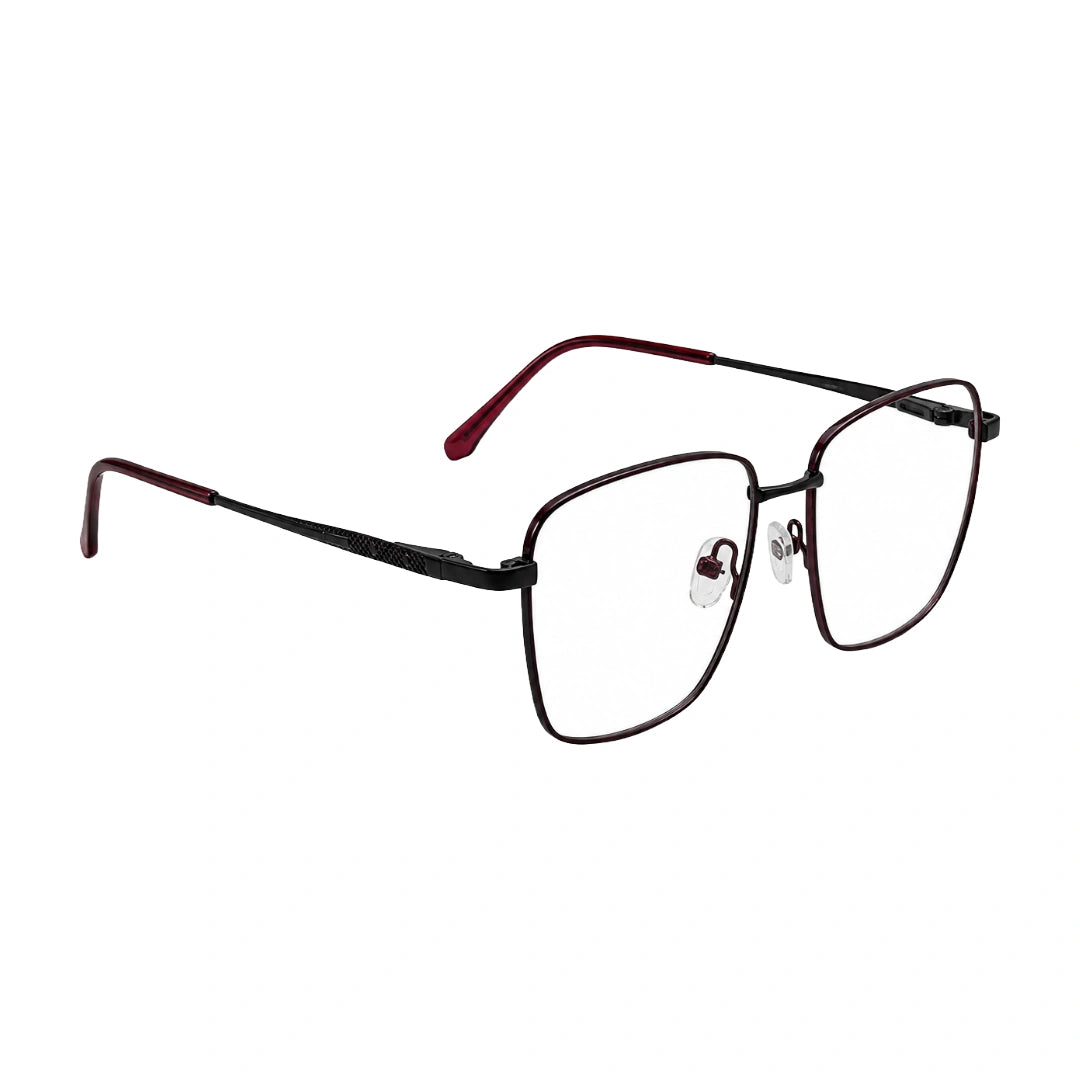 OS Solitude 15112 classic square metal prescription eyeglasses in black and wine, angled view