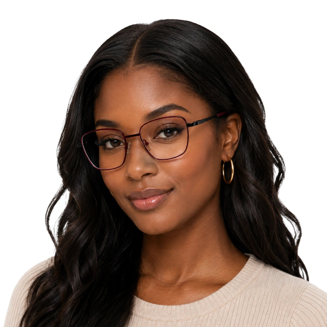 Woman wearing OS Solitude 15112 classic square metal prescription eyeglasses in black and wine