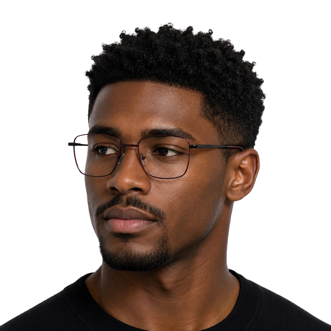 Man wearing OS Solitude 15112 classic square metal prescription eyeglasses in black and wine