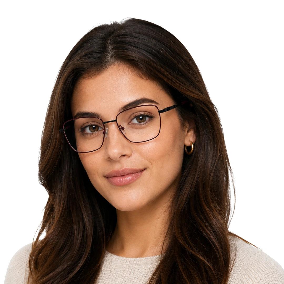 Woman wearing OS Solitude 15112 classic square metal prescription eyeglasses in black and wine, front view