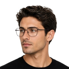Man wearing OS Solitude 15112 classic square metal prescription eyeglasses in black and wine, front view