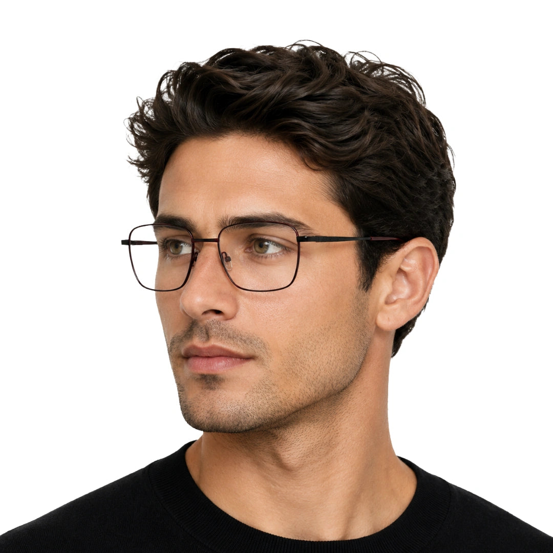 Man wearing OS Solitude 15112 classic square metal prescription eyeglasses in black and wine, front view