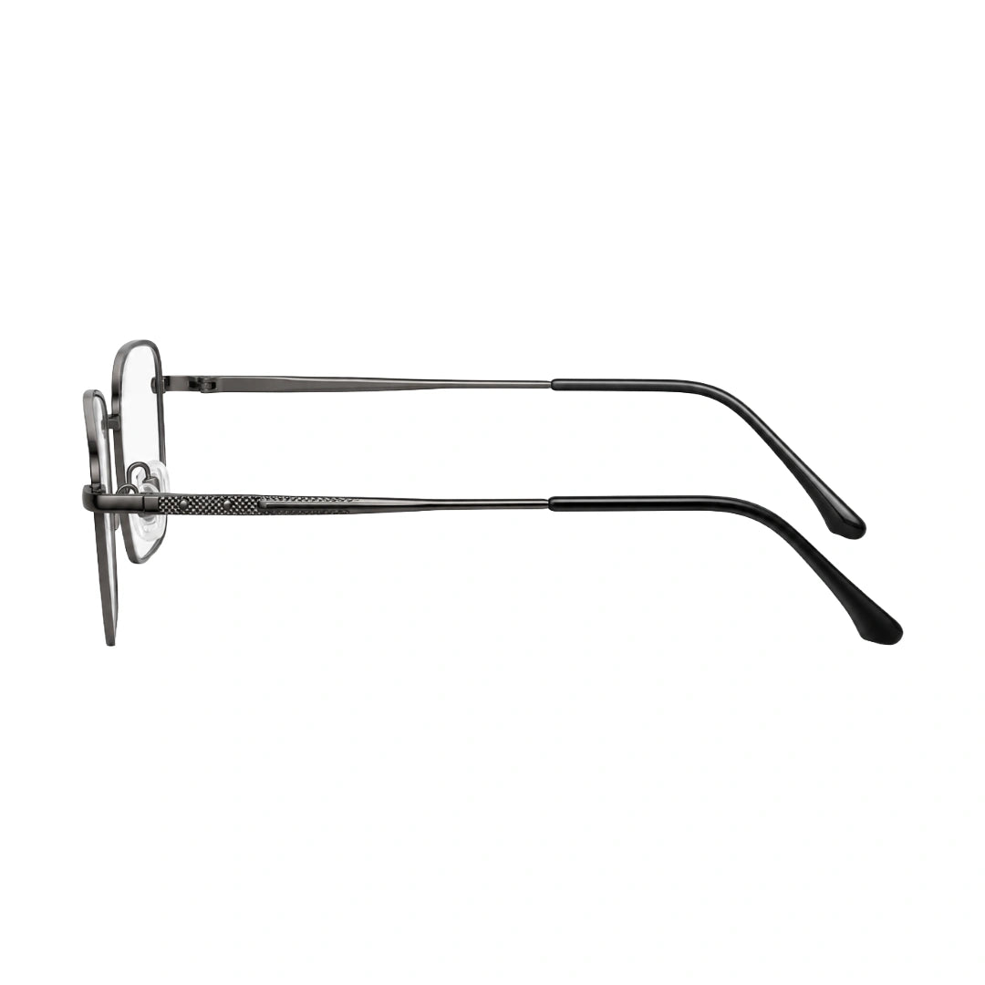 OS Solitude 15112 classic square metal prescription eyeglasses in gunmetal and black, side profile view